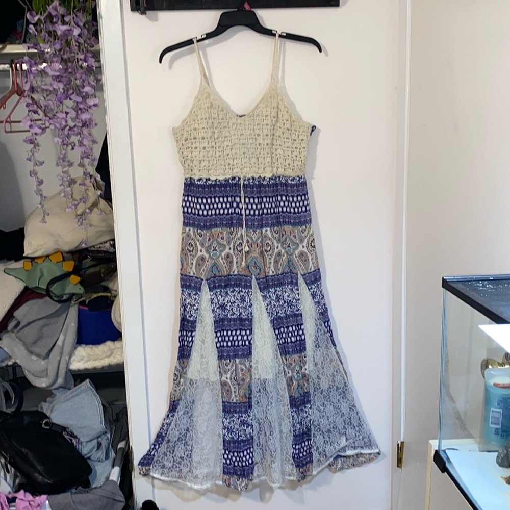 Large/XL maxi dress with multiple designs, crochet, and some lace